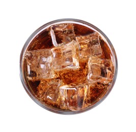 Photo of Sweet soda water with ice cubes in glass isolated on white, top view