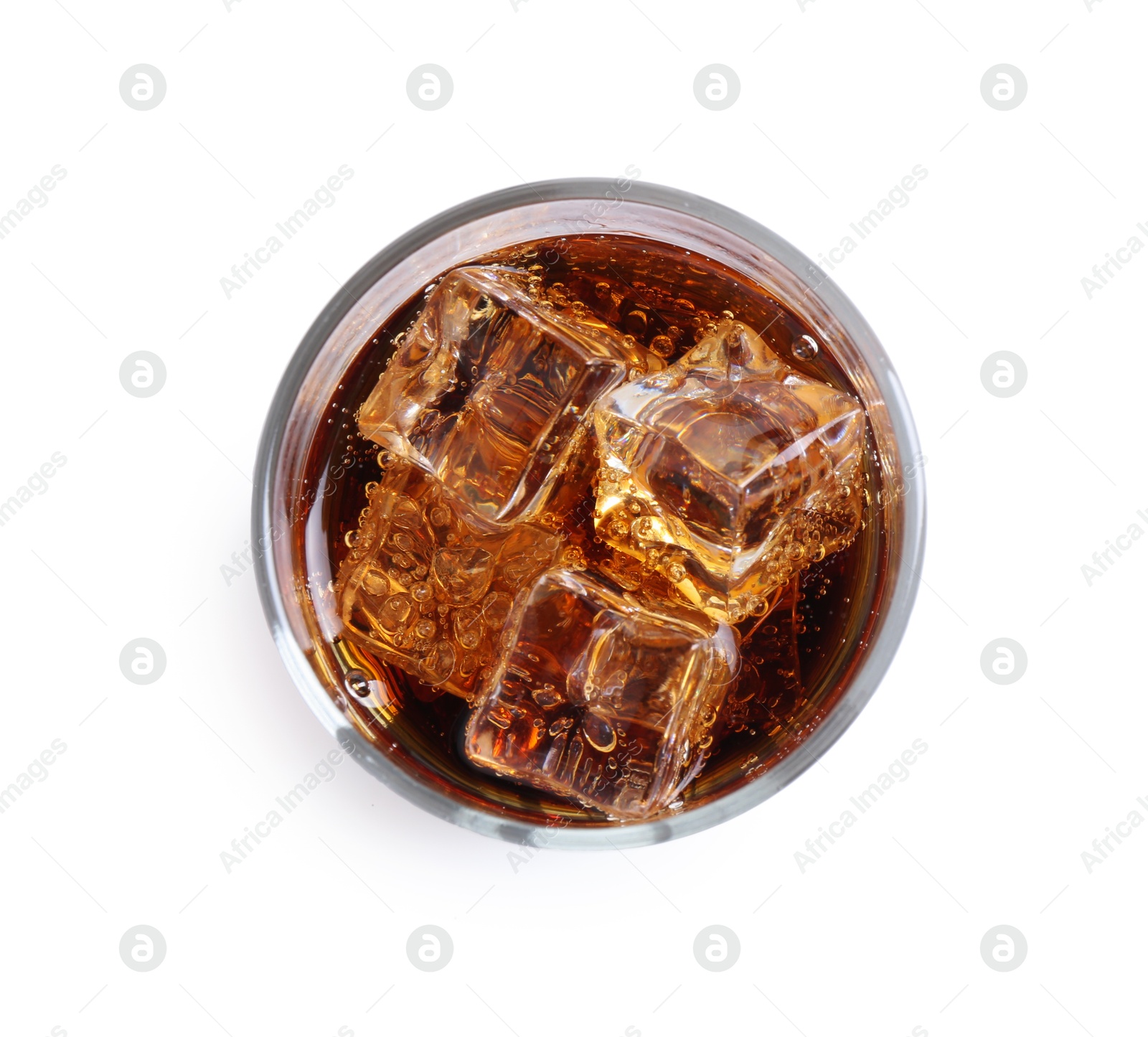 Photo of Sweet soda water with ice cubes in glass isolated on white, top view