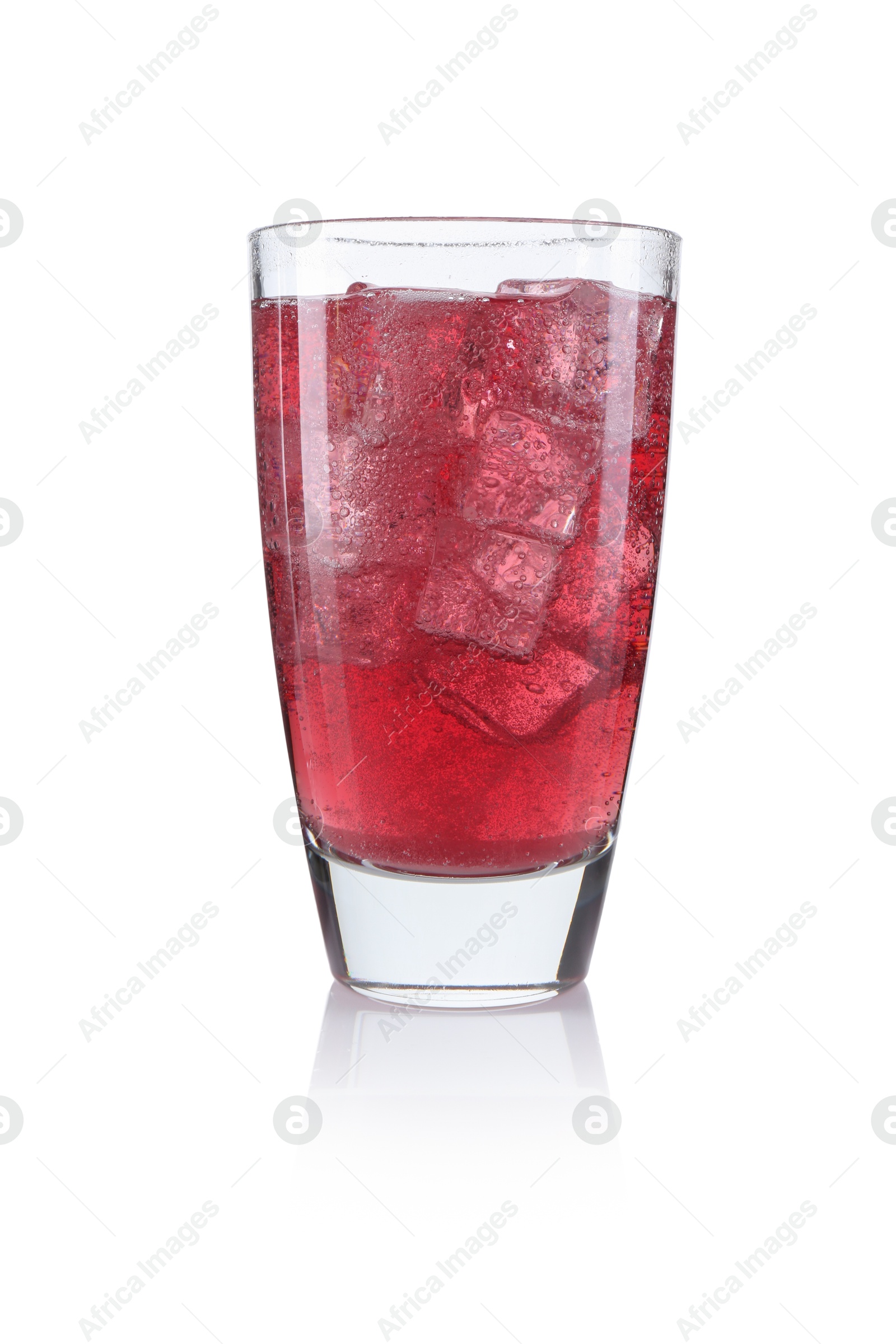 Photo of Sweet soda water with ice cubes in glass isolated on white