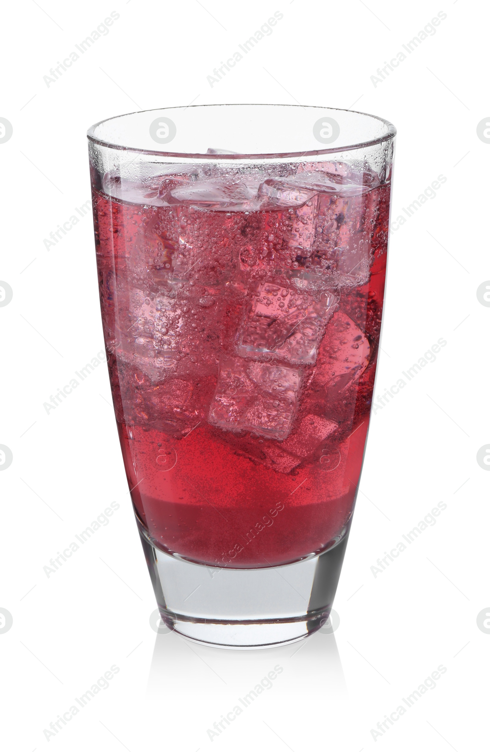 Photo of Sweet soda water with ice cubes in glass isolated on white