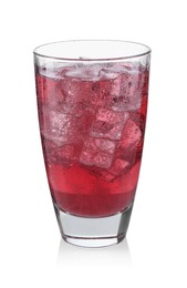 Photo of Sweet soda water with ice cubes in glass isolated on white