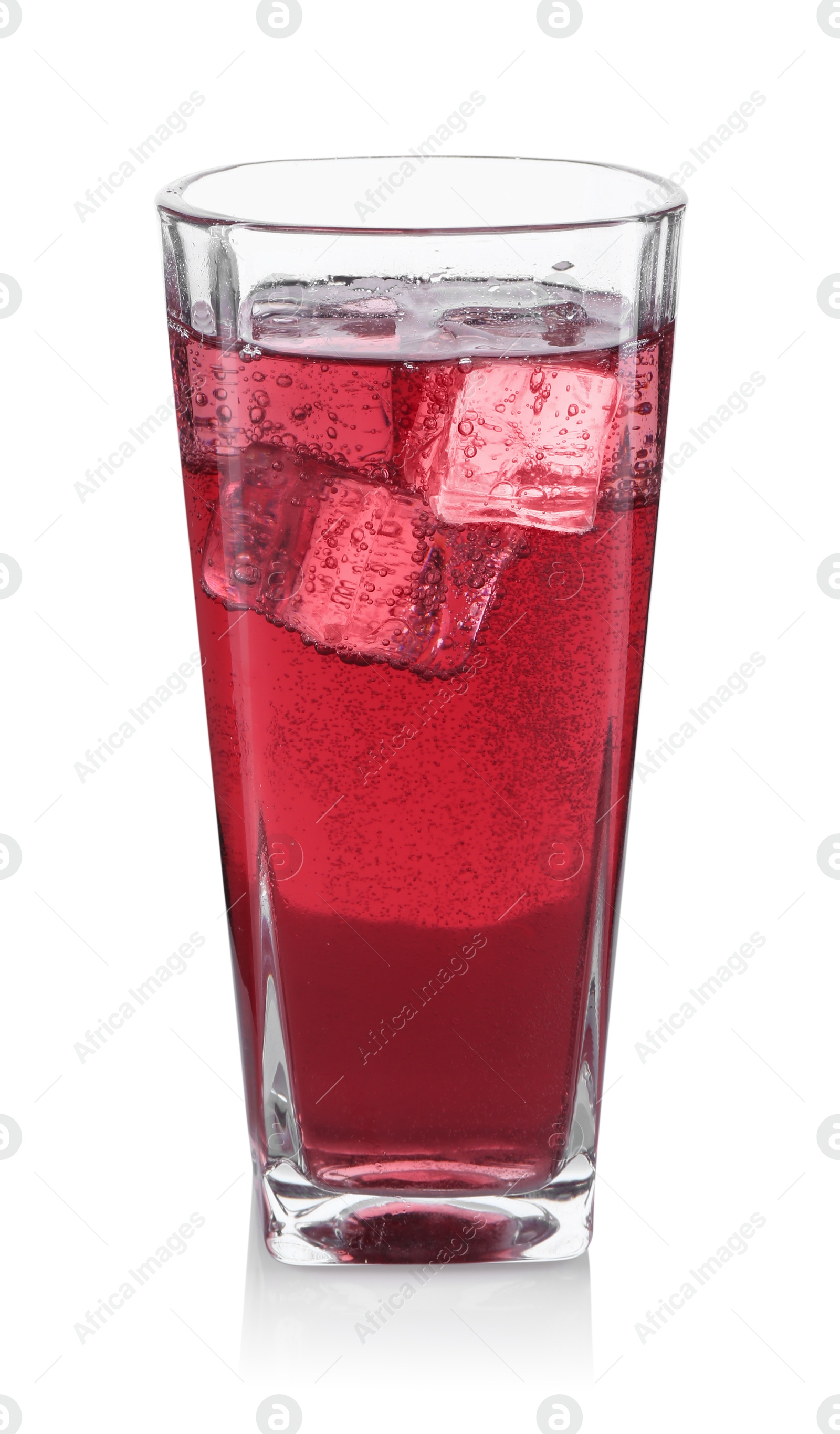 Photo of Sweet soda water with ice cubes in glass isolated on white