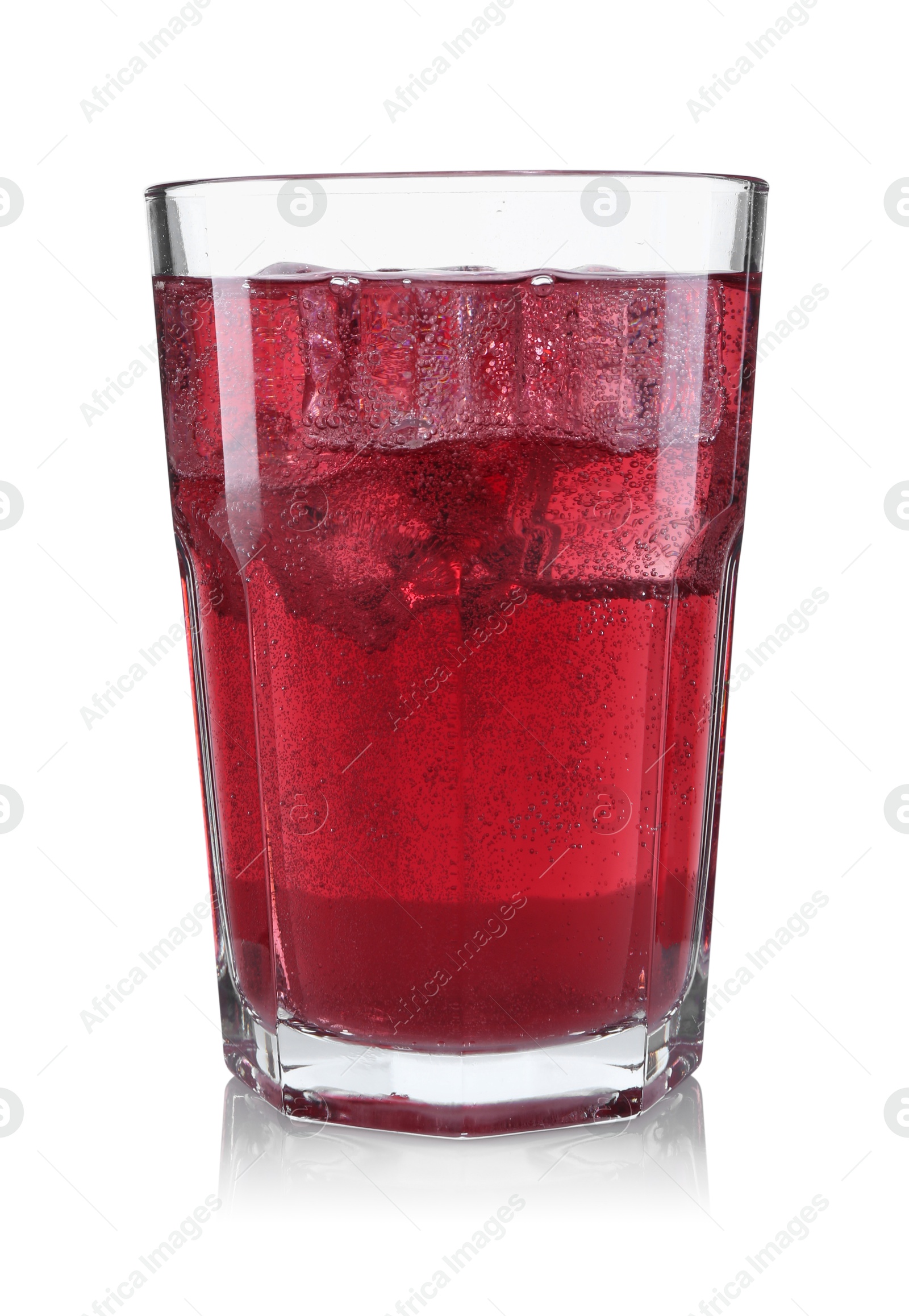 Photo of Sweet soda water with ice cubes in glass isolated on white