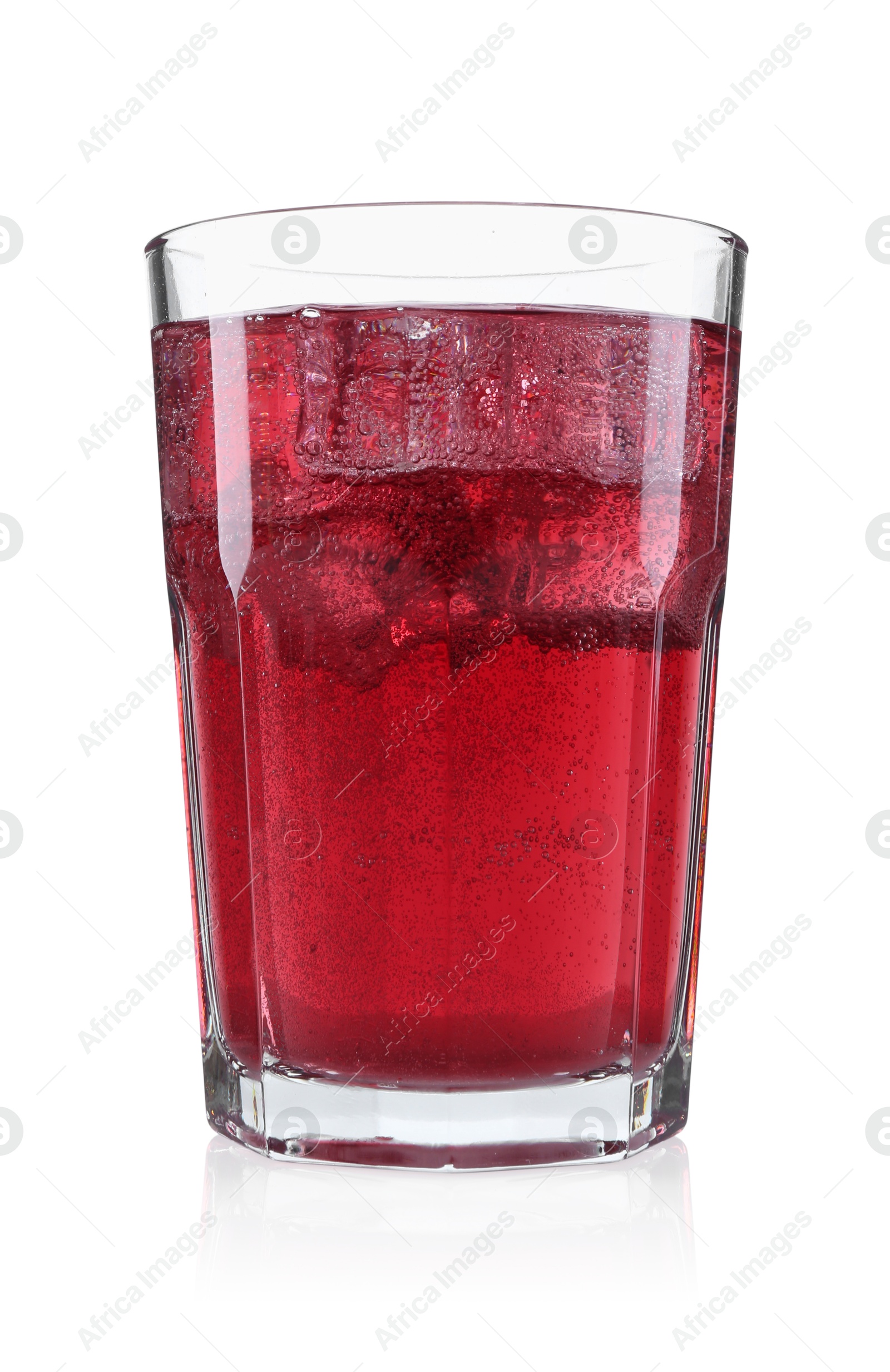 Photo of Sweet soda water with ice cubes in glass isolated on white