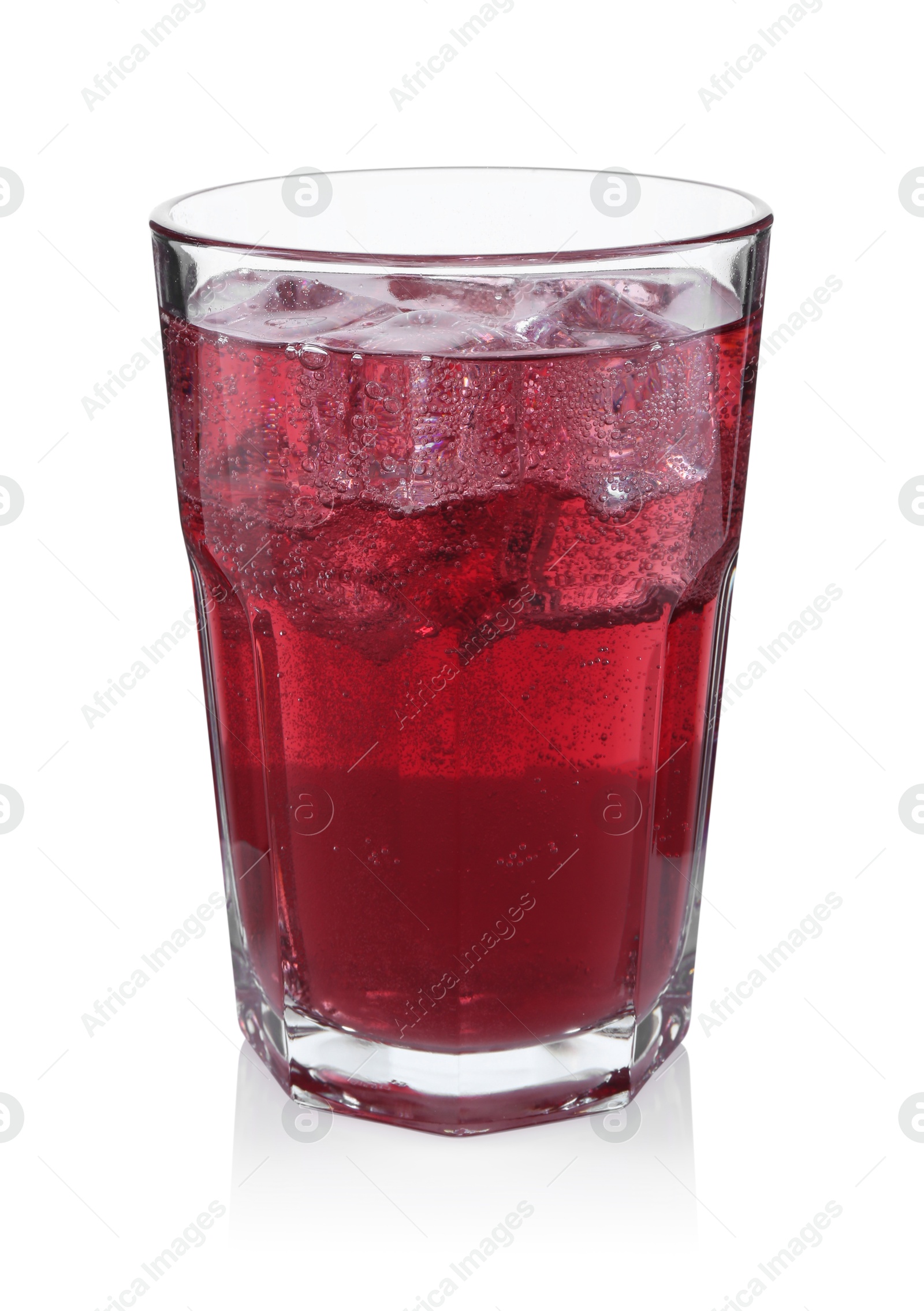 Photo of Sweet soda water with ice cubes in glass isolated on white