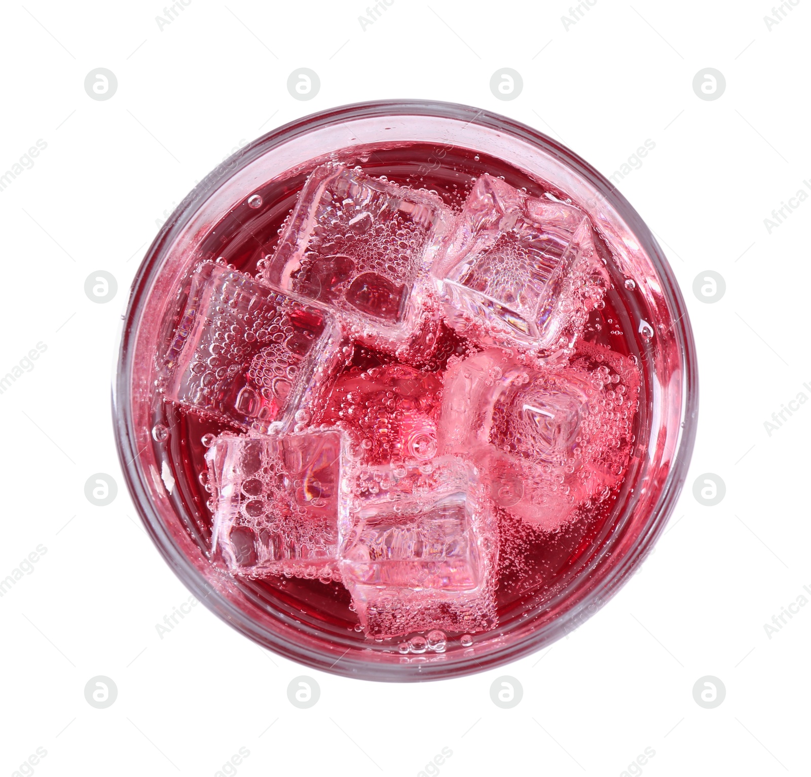 Photo of Sweet soda water with ice cubes in glass isolated on white, top view