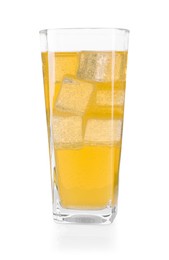 Photo of Sweet soda water with ice cubes in glass isolated on white