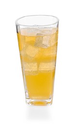 Photo of Sweet soda water with ice cubes in glass isolated on white