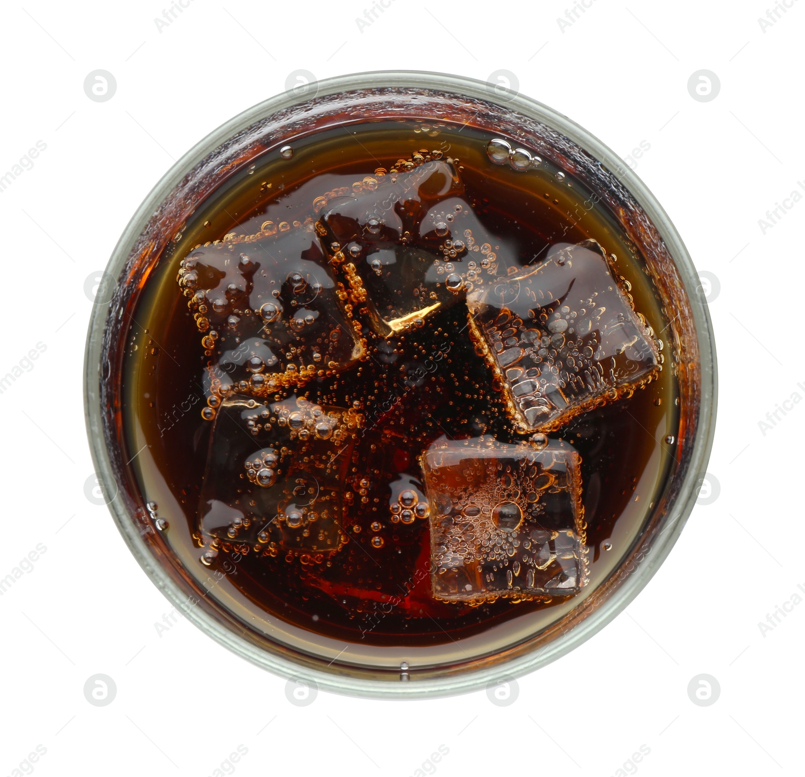 Photo of Sweet soda water with ice cubes in glass isolated on white, top view