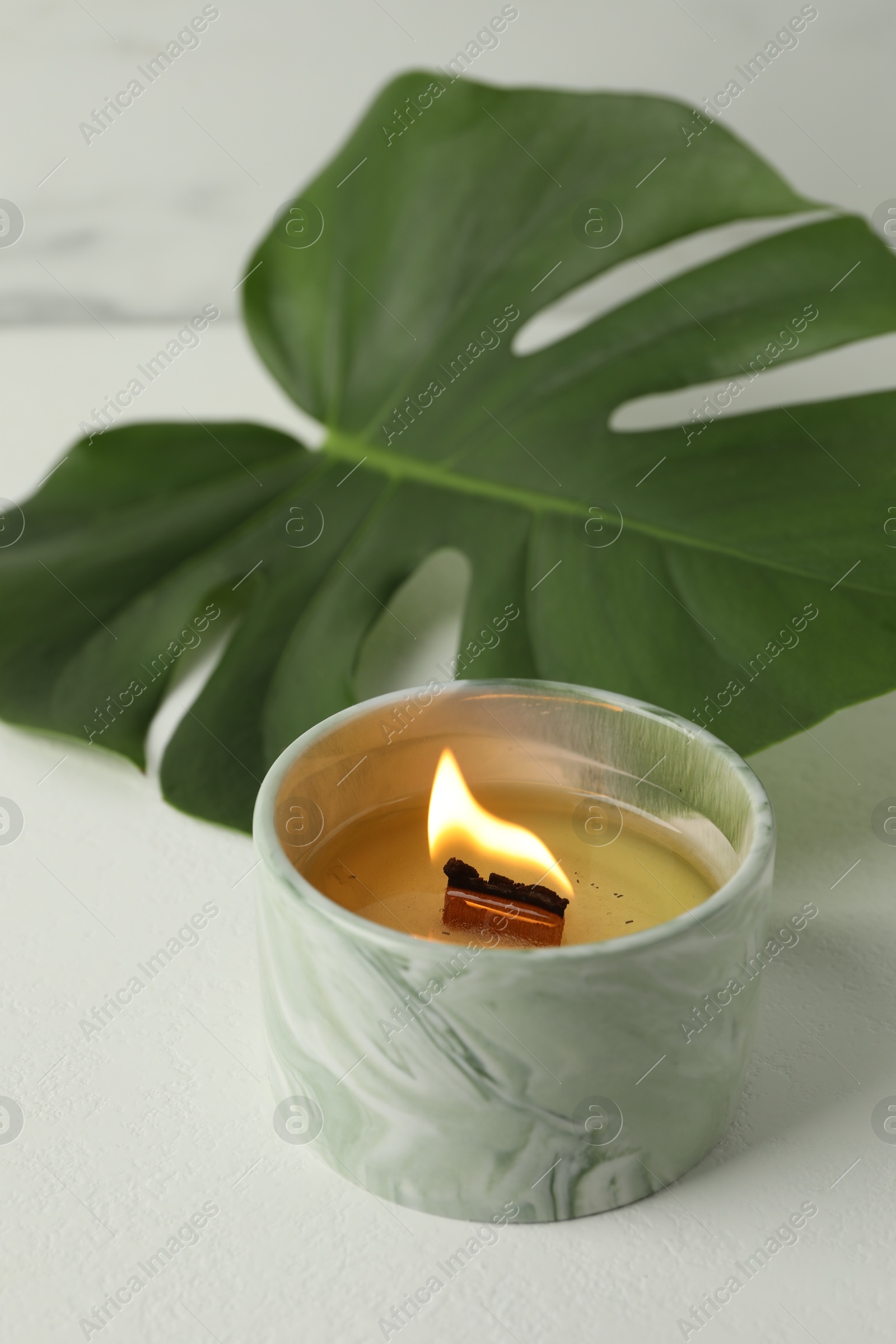 Photo of Burning soy wax candle and monstera leaf on light table, closeup