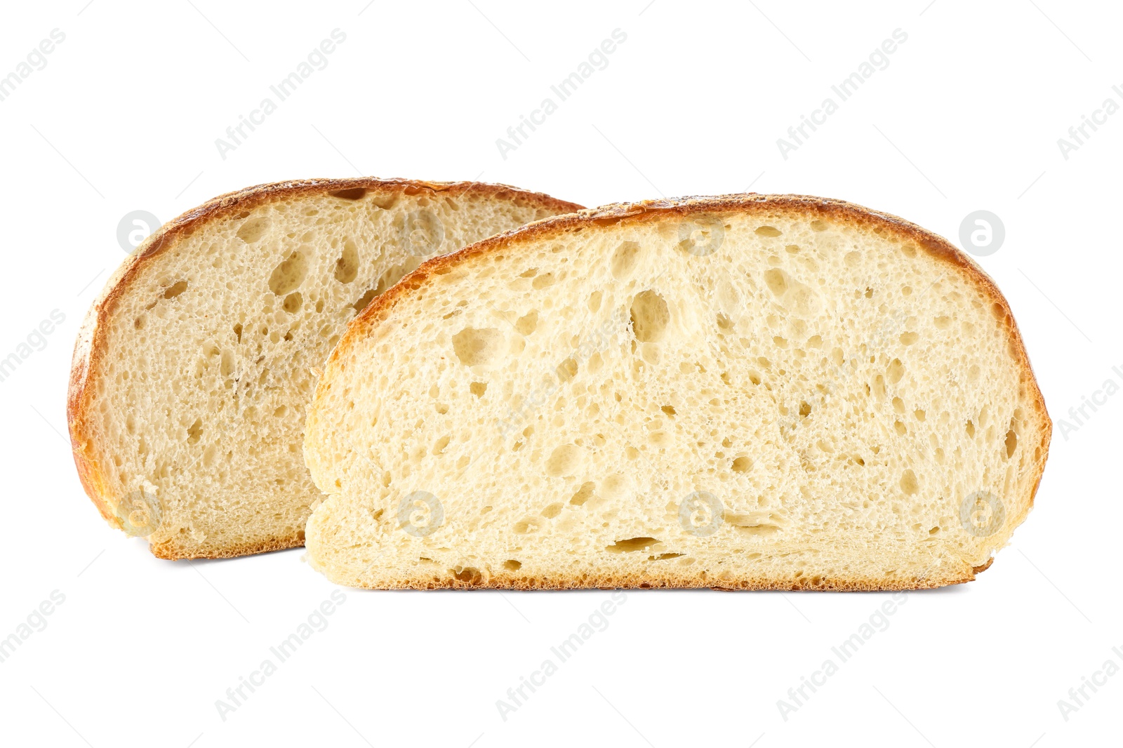 Photo of Pieces of freshly baked bread isolated on white