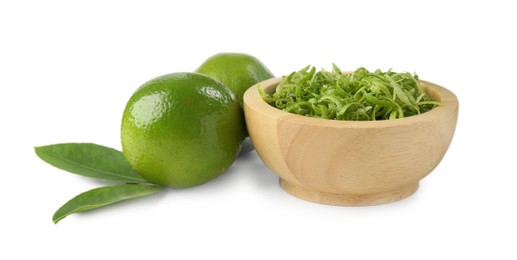 Photo of Lime zest and fresh fruits isolated on white