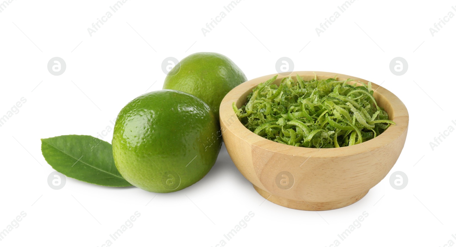 Photo of Lime zest and fresh fruits isolated on white