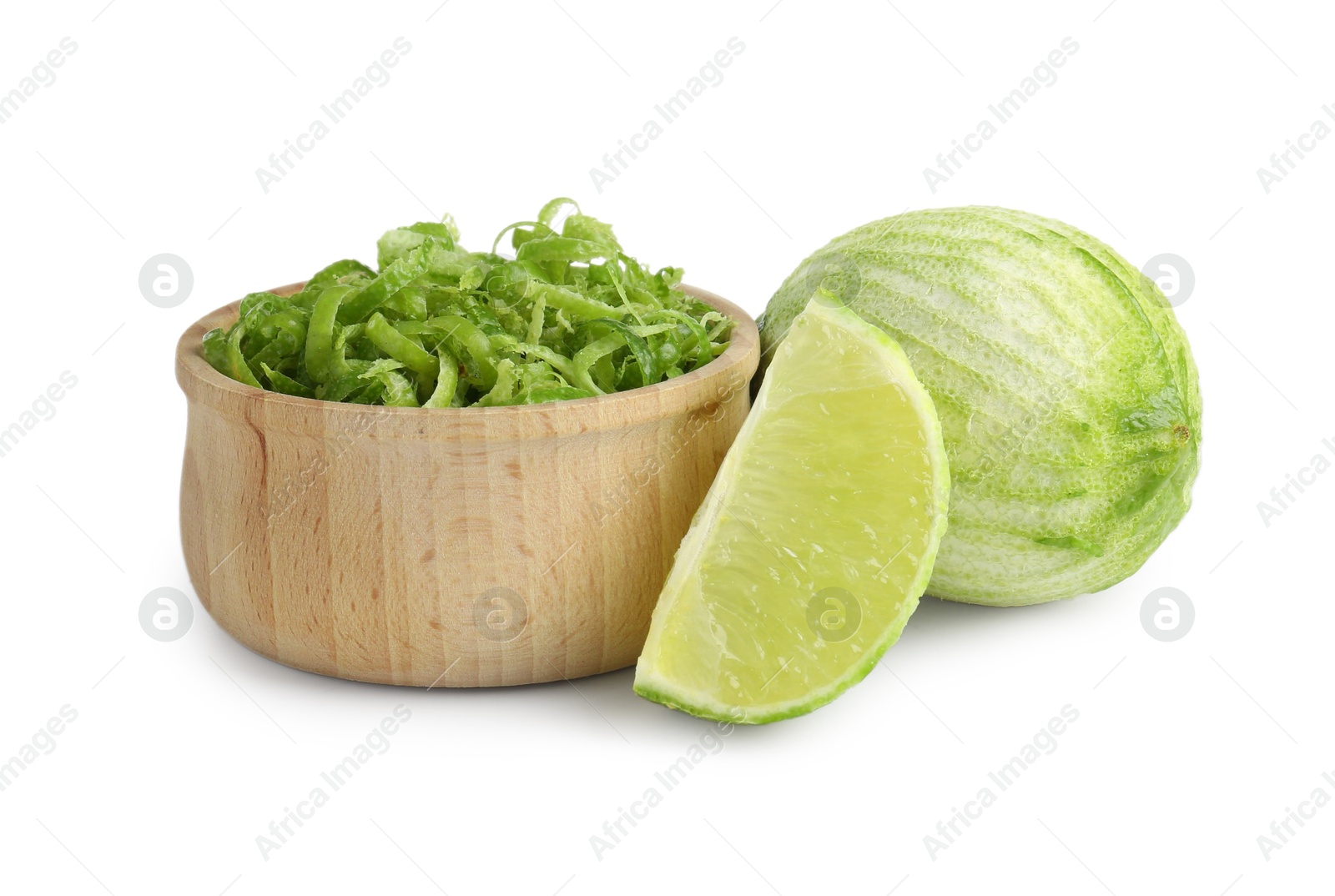 Photo of Lime zest and fresh fruits isolated on white