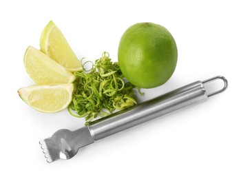 Photo of Lime zest, fresh fruits and zester tool isolated on white, top view