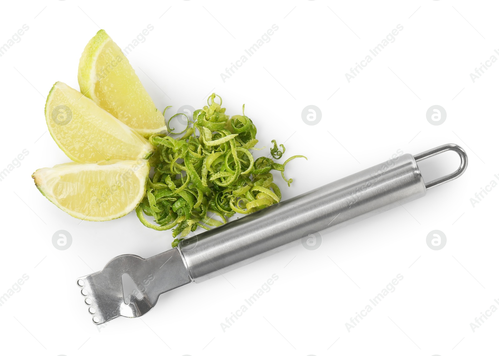 Photo of Lime zest, zester tool and slices of fresh fruit isolated on white, top view