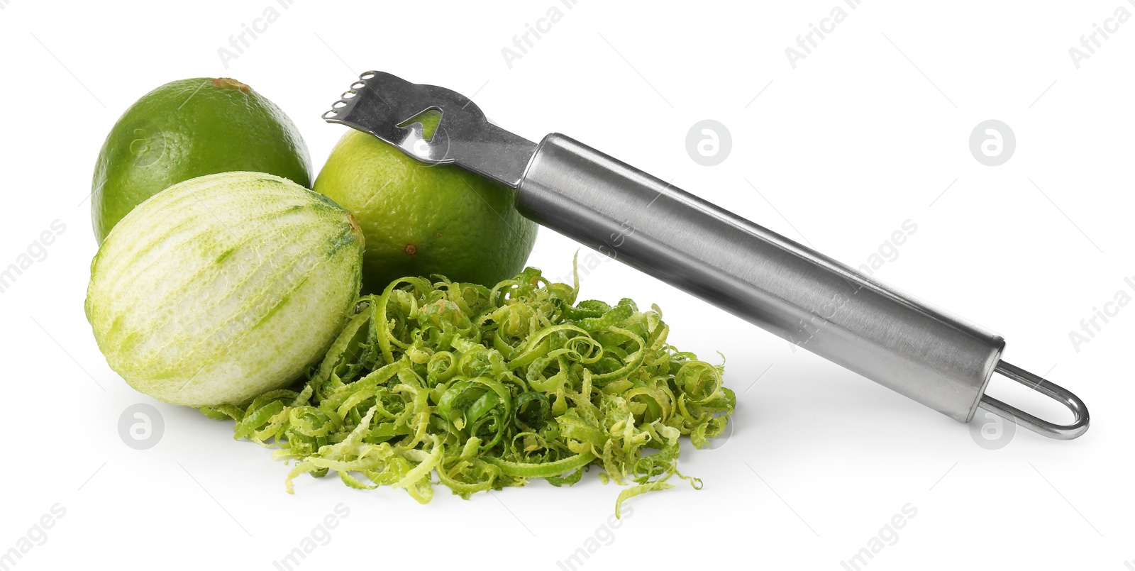 Photo of Lime zest, fresh fruits and zester tool isolated on white