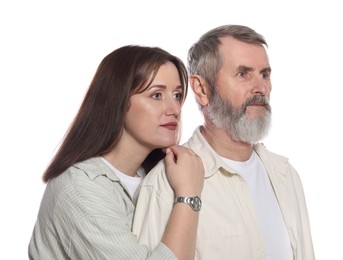 Photo of Adult daughter and her father on white background