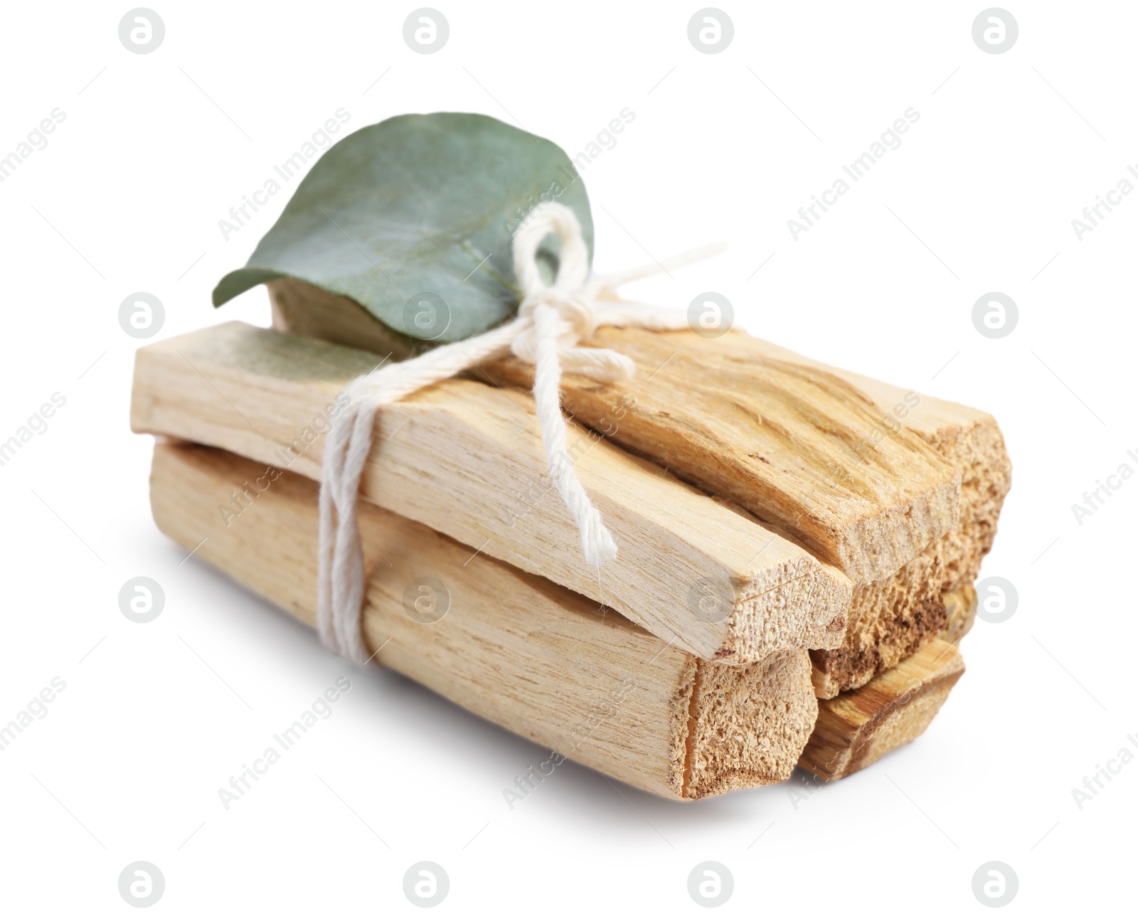 Photo of Palo santo sticks and eucalyptus leaf isolated on white