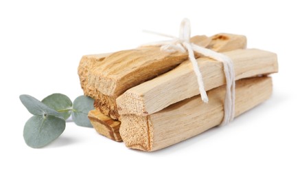 Photo of Palo santo sticks and eucalyptus branch isolated on white