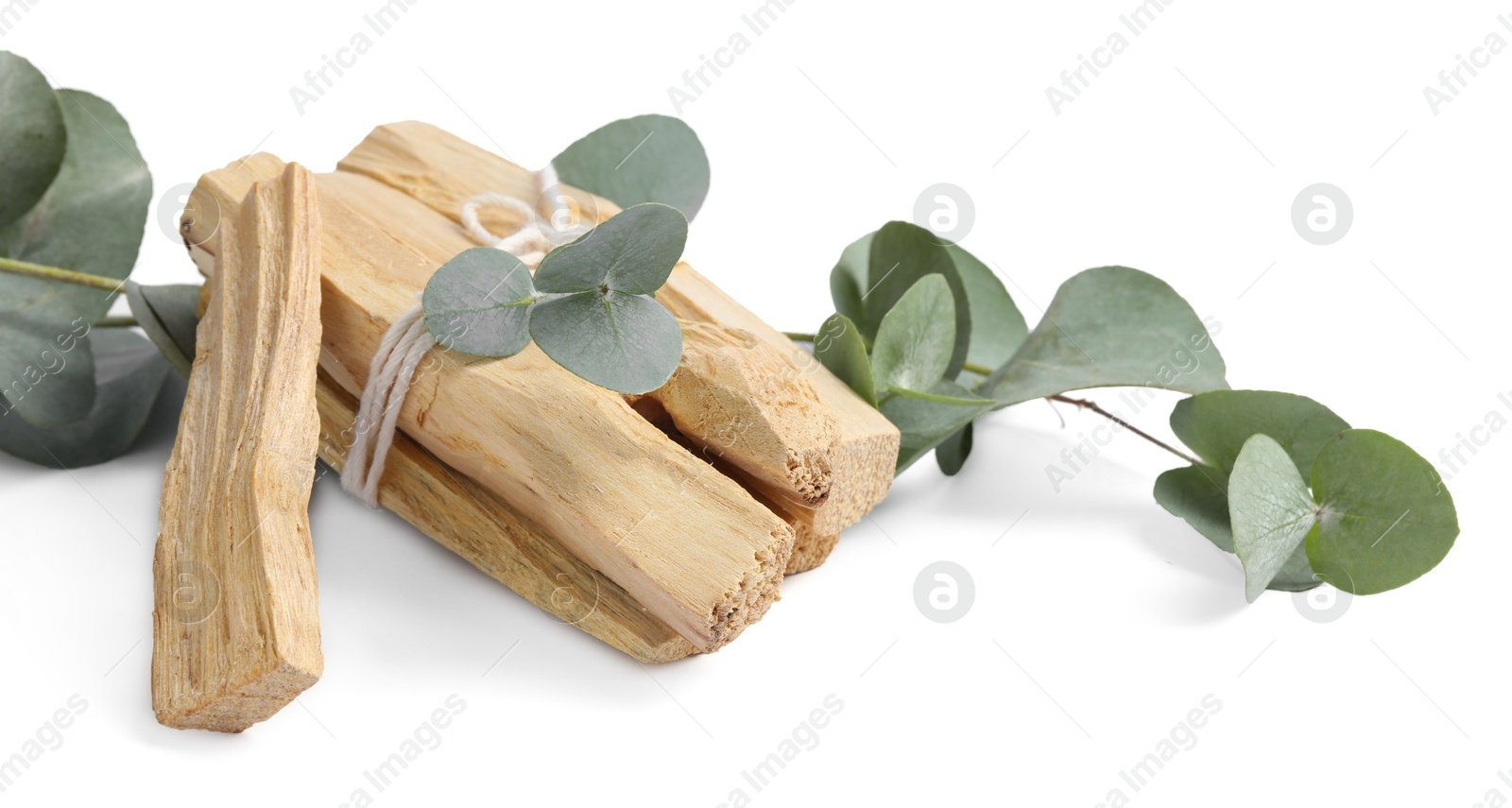 Photo of Palo santo sticks and eucalyptus branches isolated on white