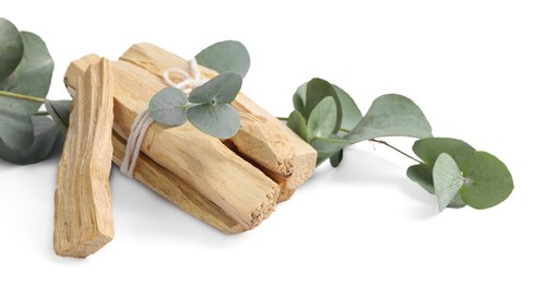 Photo of Palo santo sticks and eucalyptus branches isolated on white