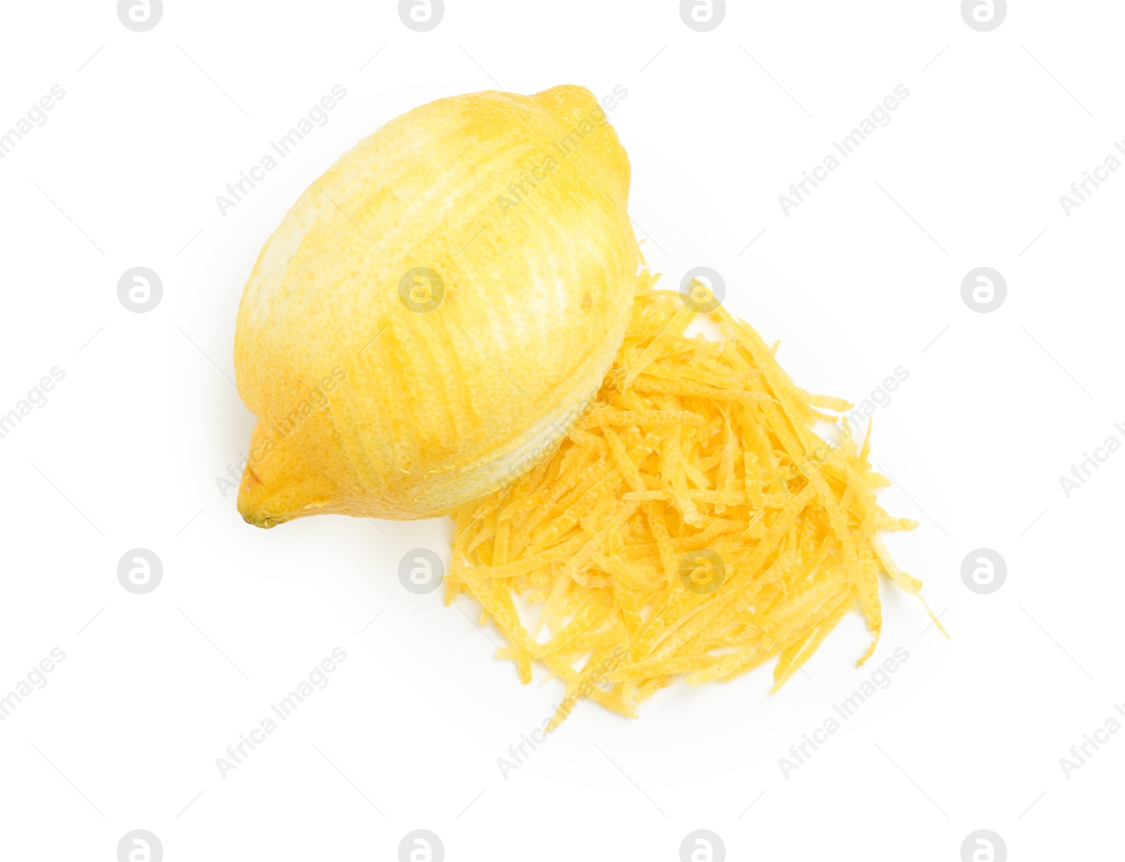 Photo of Lemon zest and fresh fruit isolated on white, top view