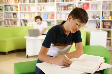 Photo of Teenage boy doing homework at table in public library. Space for text