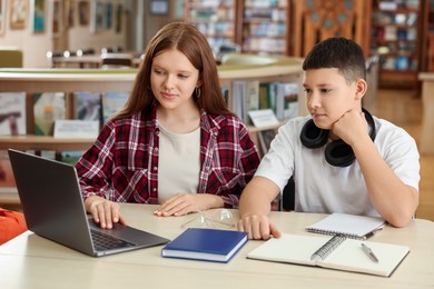 Photo of Teenage friends with laptop doing homework at desk in library