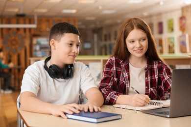 Photo of Teenage friends with laptop doing homework at desk in library