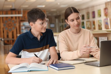 Photo of Teenage friends with laptop doing homework at desk in library