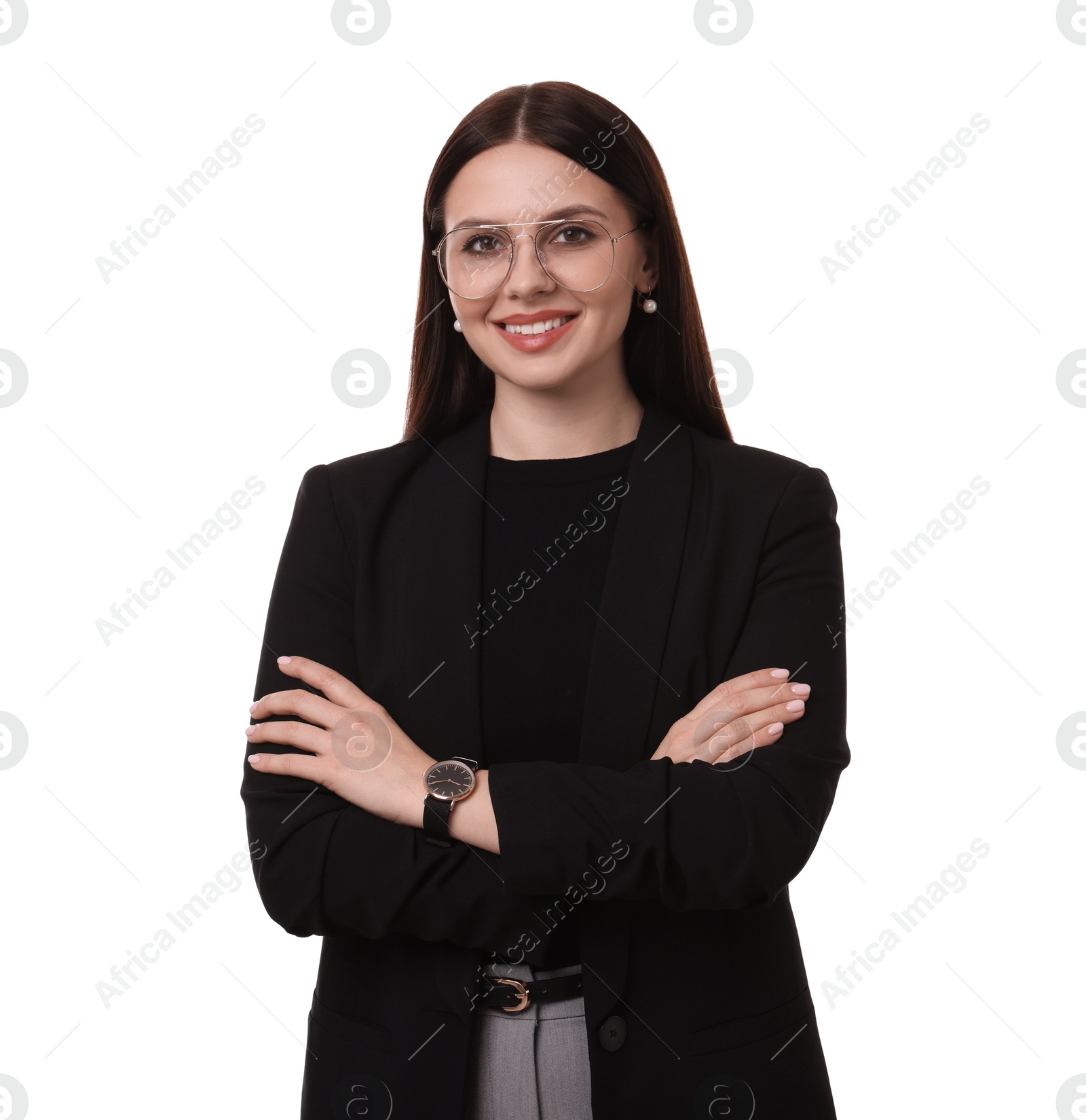 Photo of Portrait of banker with crossed arms on white background