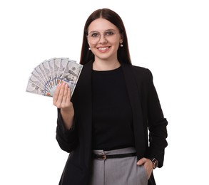 Photo of Banker with dollar banknotes on white background