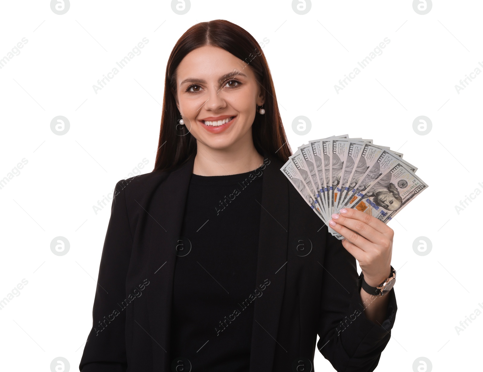 Photo of Banker with dollar banknotes on white background