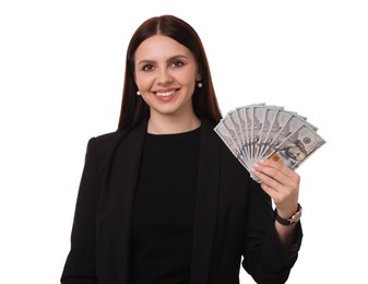 Photo of Banker with dollar banknotes on white background