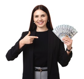 Photo of Banker with dollar banknotes on white background