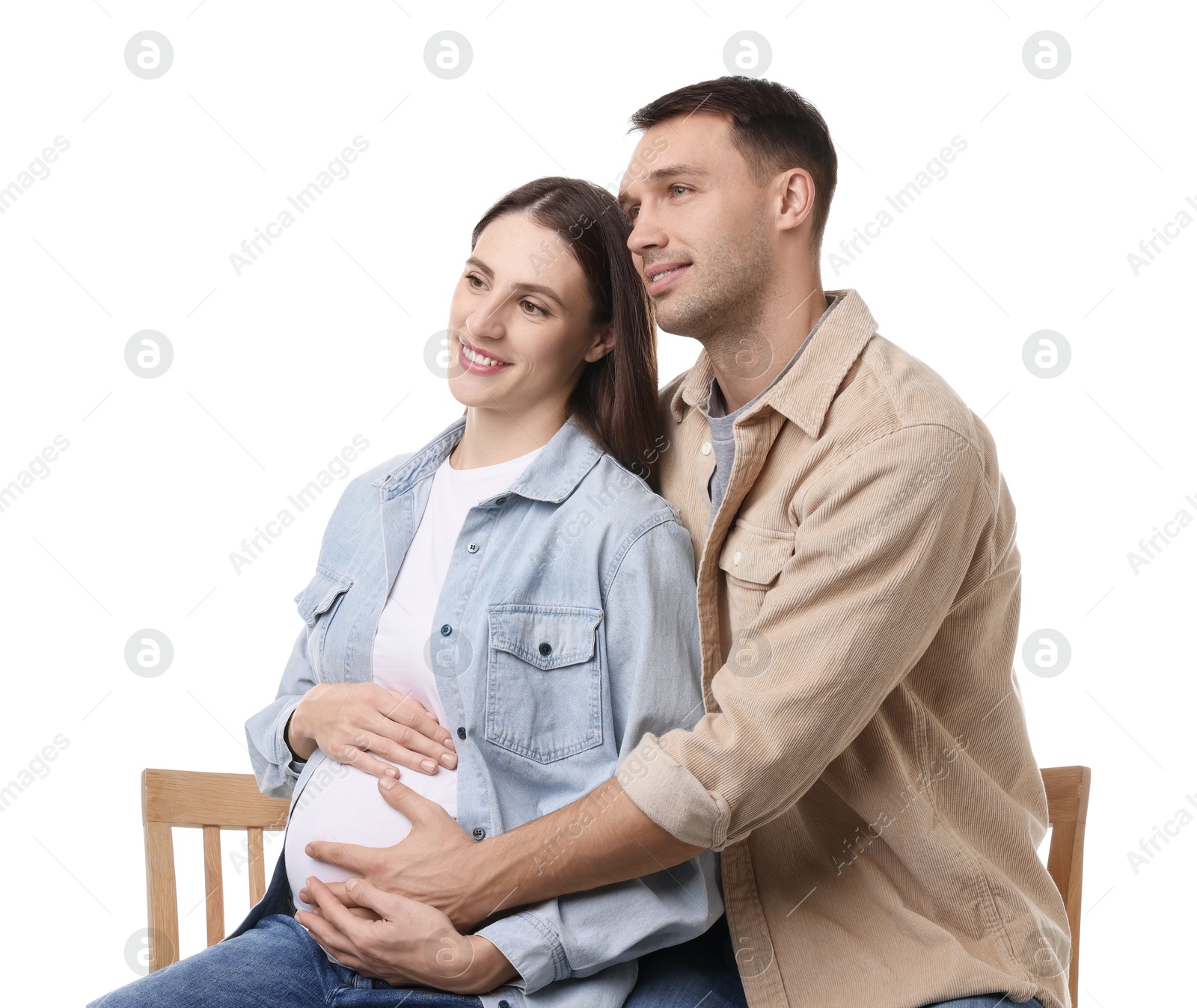 Photo of Pregnant woman and her husband on white background