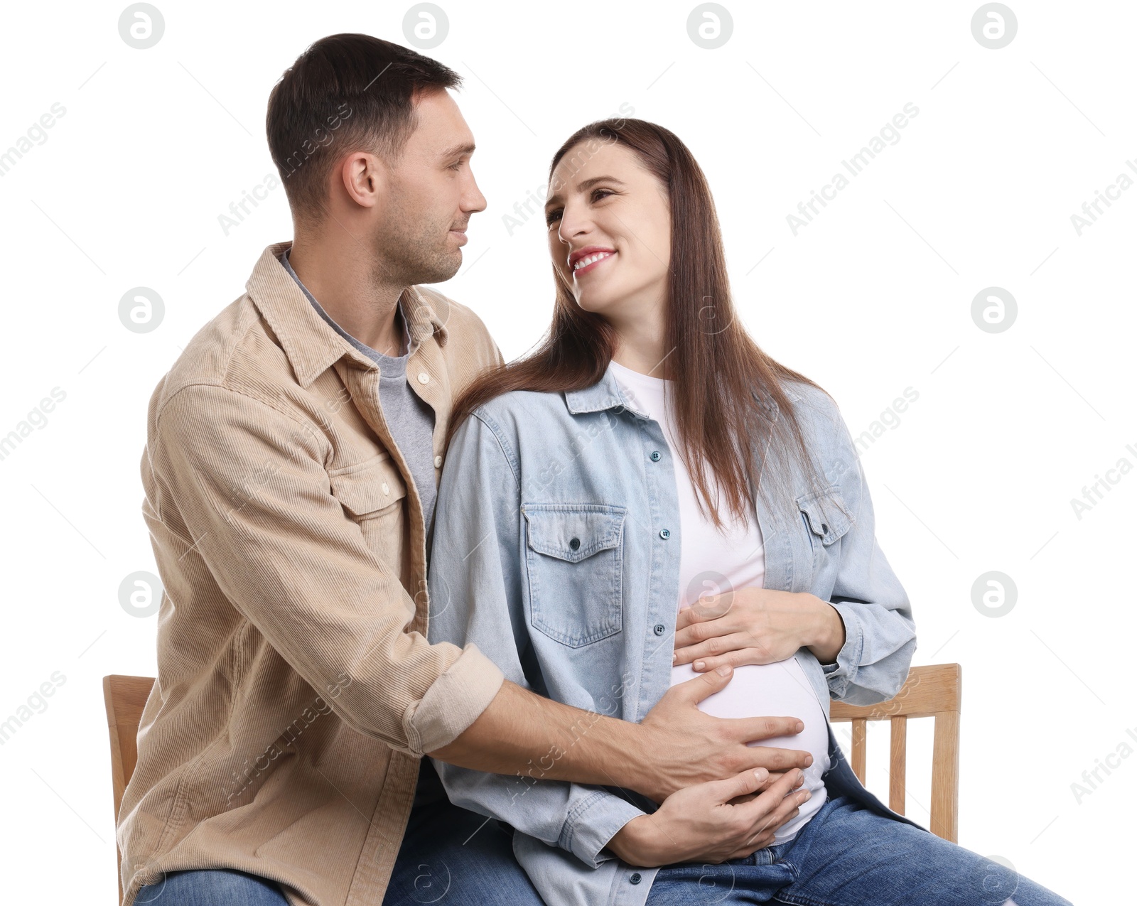 Photo of Pregnant woman and her husband on white background