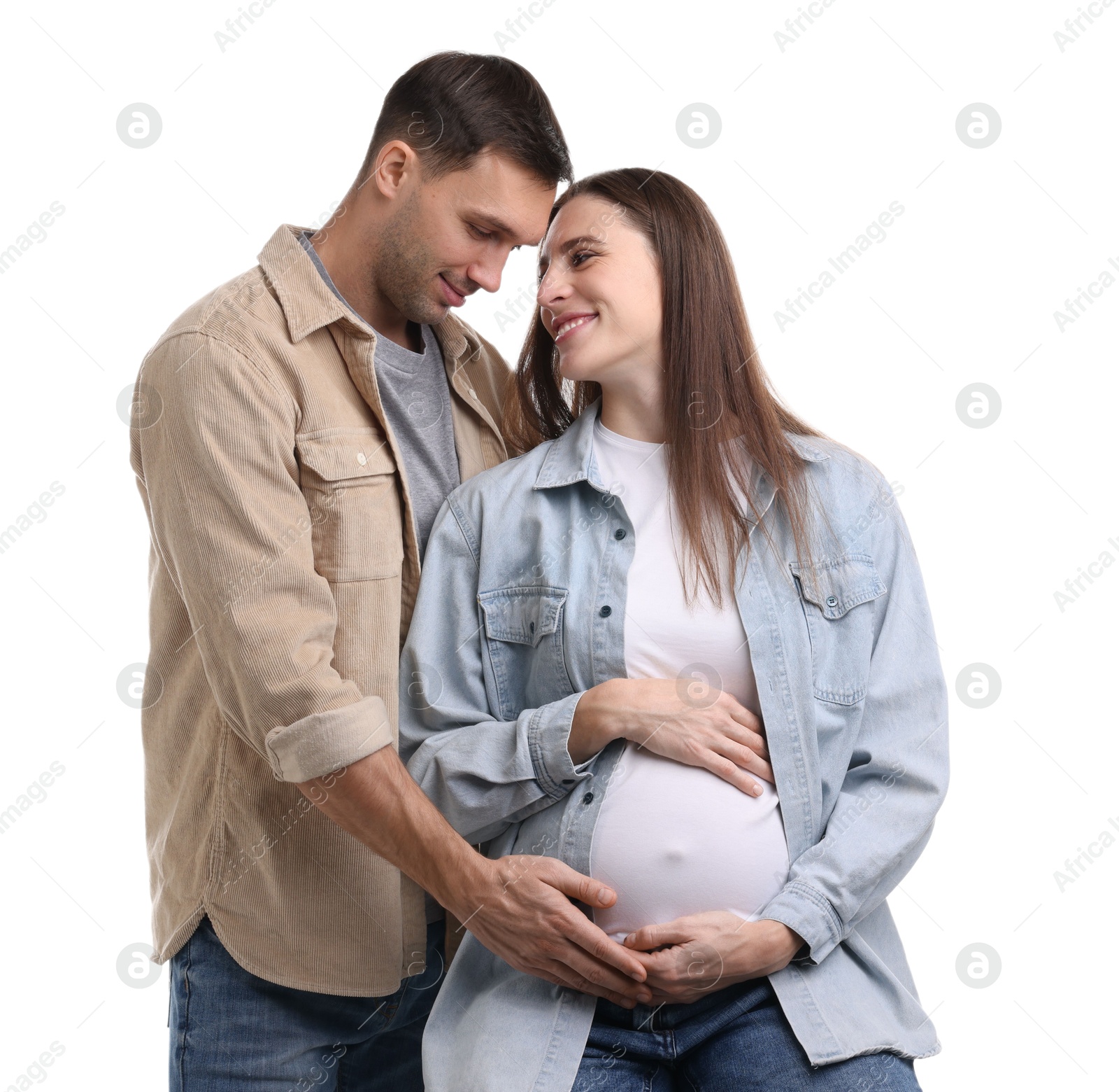 Photo of Pregnant woman and her husband on white background