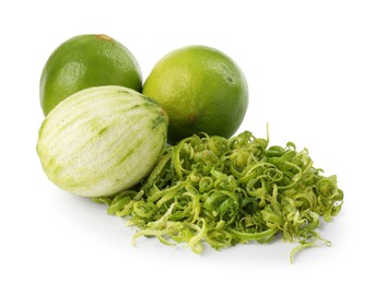 Photo of Lime zest and fresh fruits isolated on white