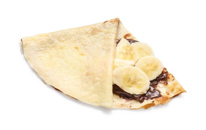 Photo of Delicious crepe with chocolate sauce and banana isolated on white, top view