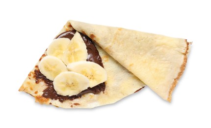 Delicious crepe with chocolate sauce and banana isolated on white, top view