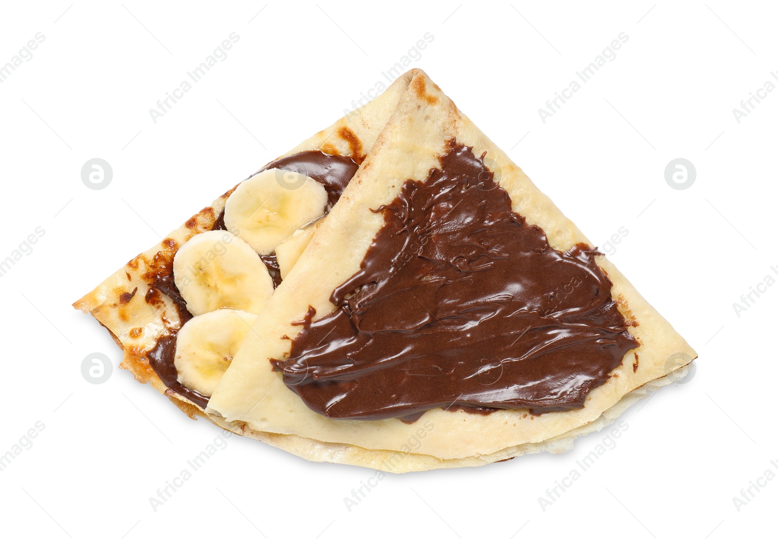 Photo of Delicious crepe with chocolate sauce and banana isolated on white, top view