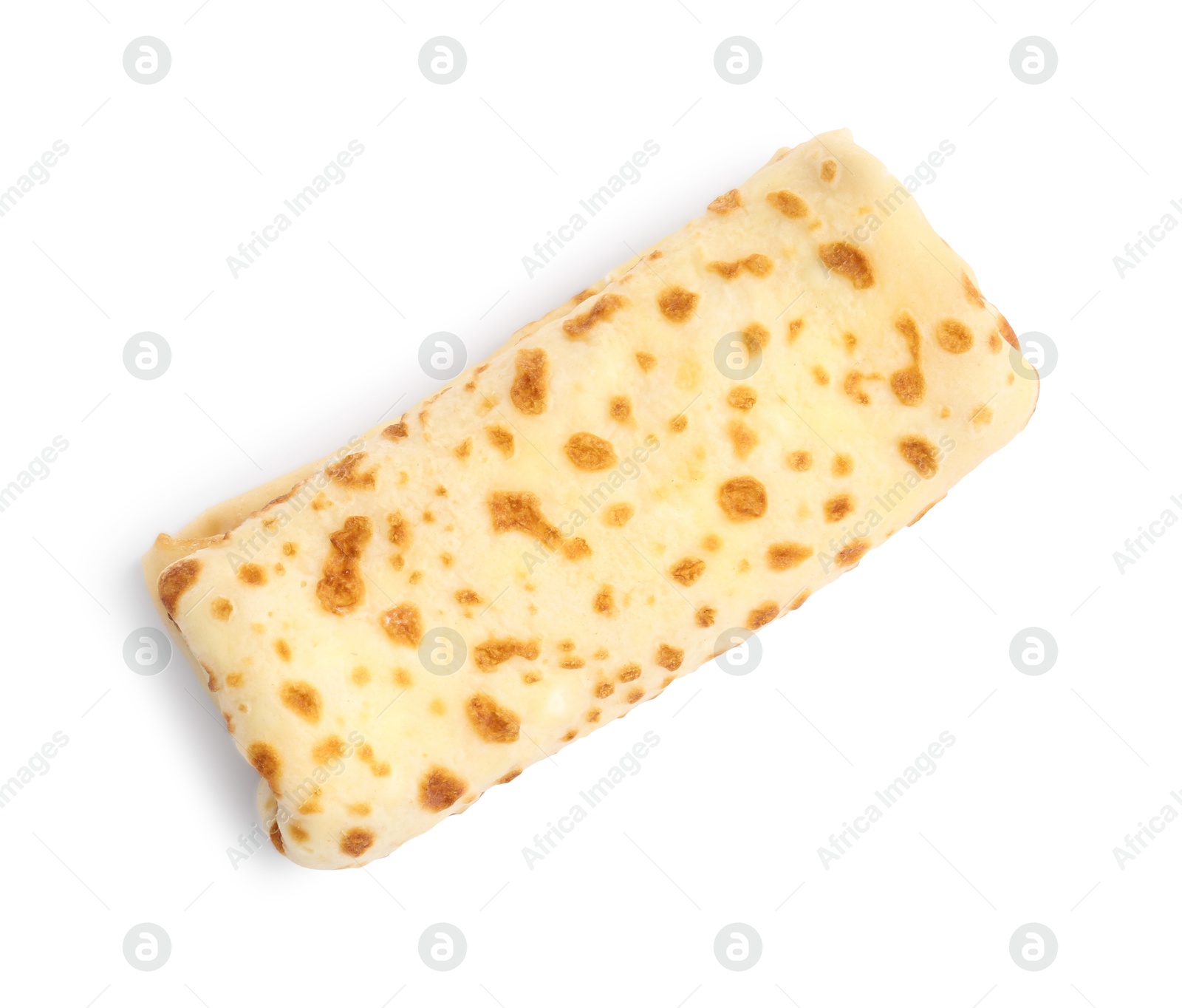 Photo of One delicious rolled crepe isolated on white, top view