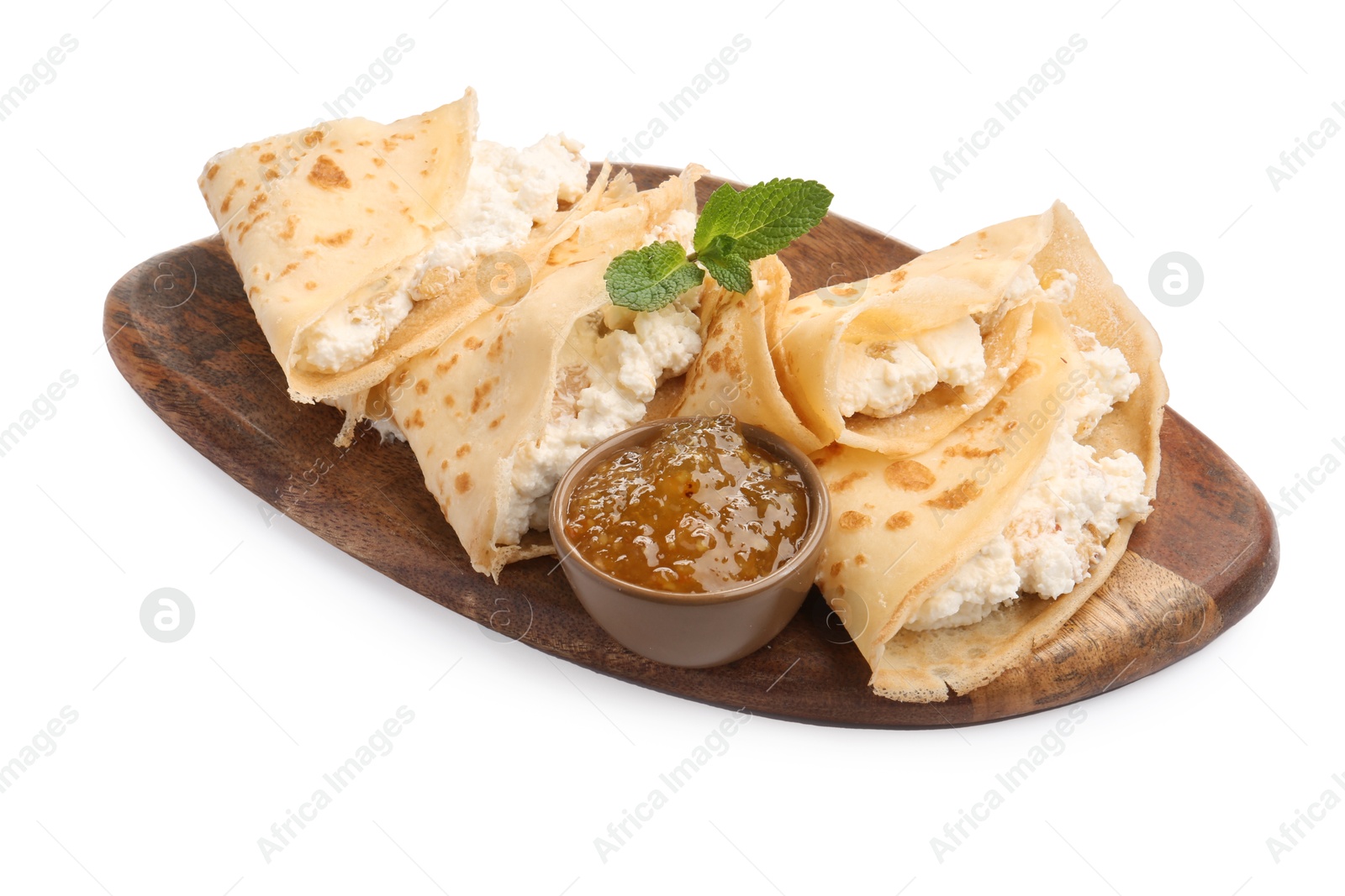 Photo of Delicious crepes with cottage cheese, jam and mint isolated on white