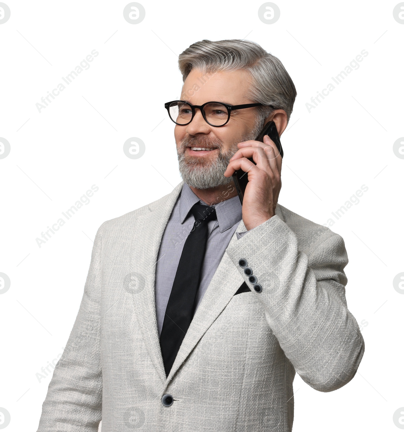 Photo of Banker talking on smartphone against white background