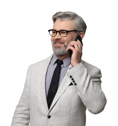 Photo of Banker talking on smartphone against white background