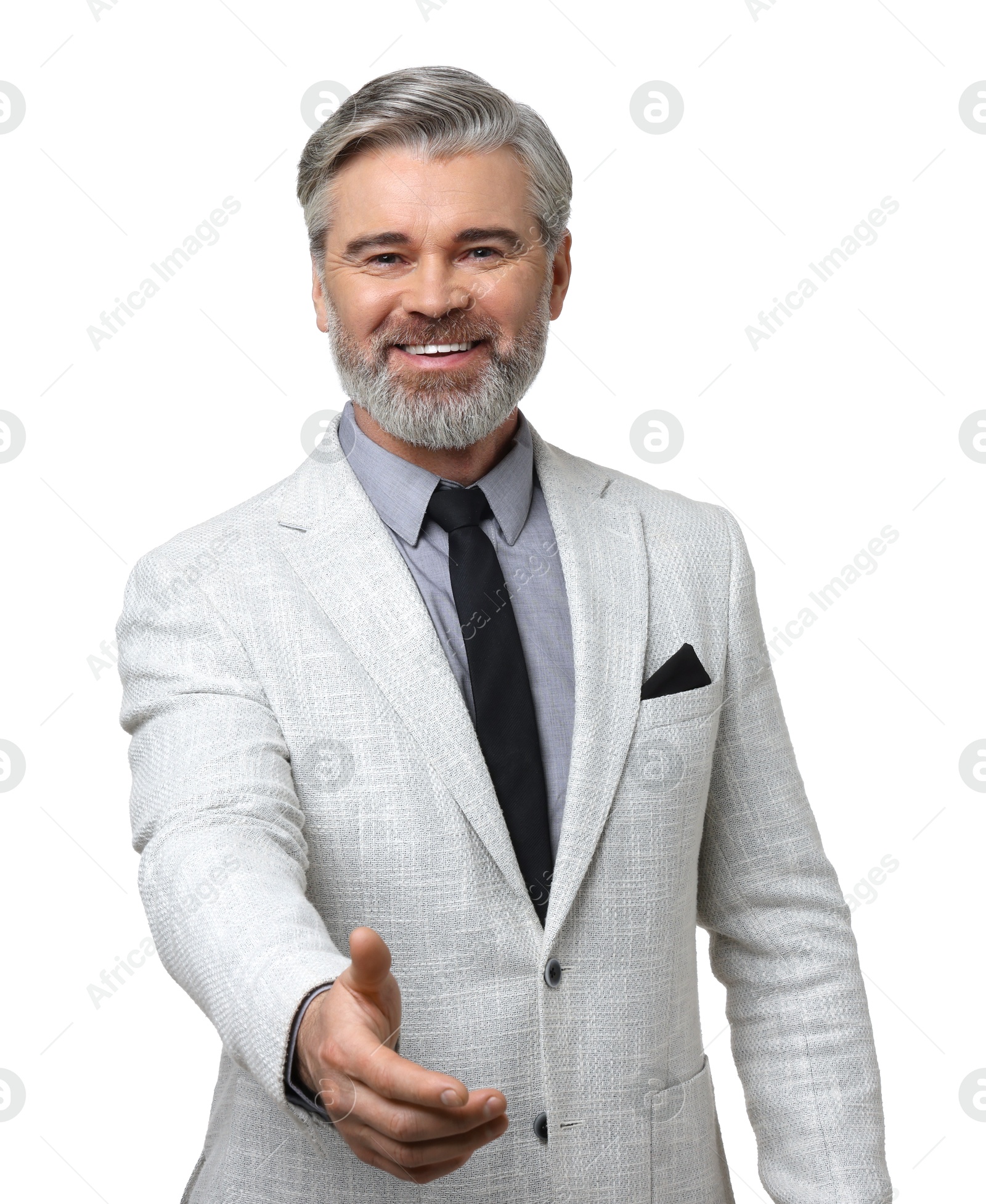 Photo of Portrait of happy banker on white background