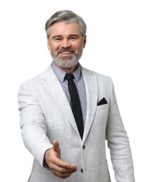 Photo of Portrait of happy banker on white background