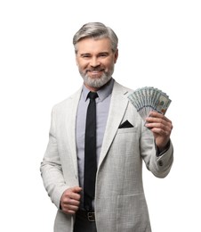 Photo of Banker with dollar banknotes on white background